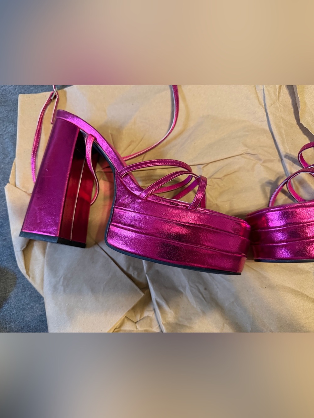 Azalea Wang Metallic Hot Pink Platform Strappy Heels with Wrap Ankle Ties - Picture 8 of 9